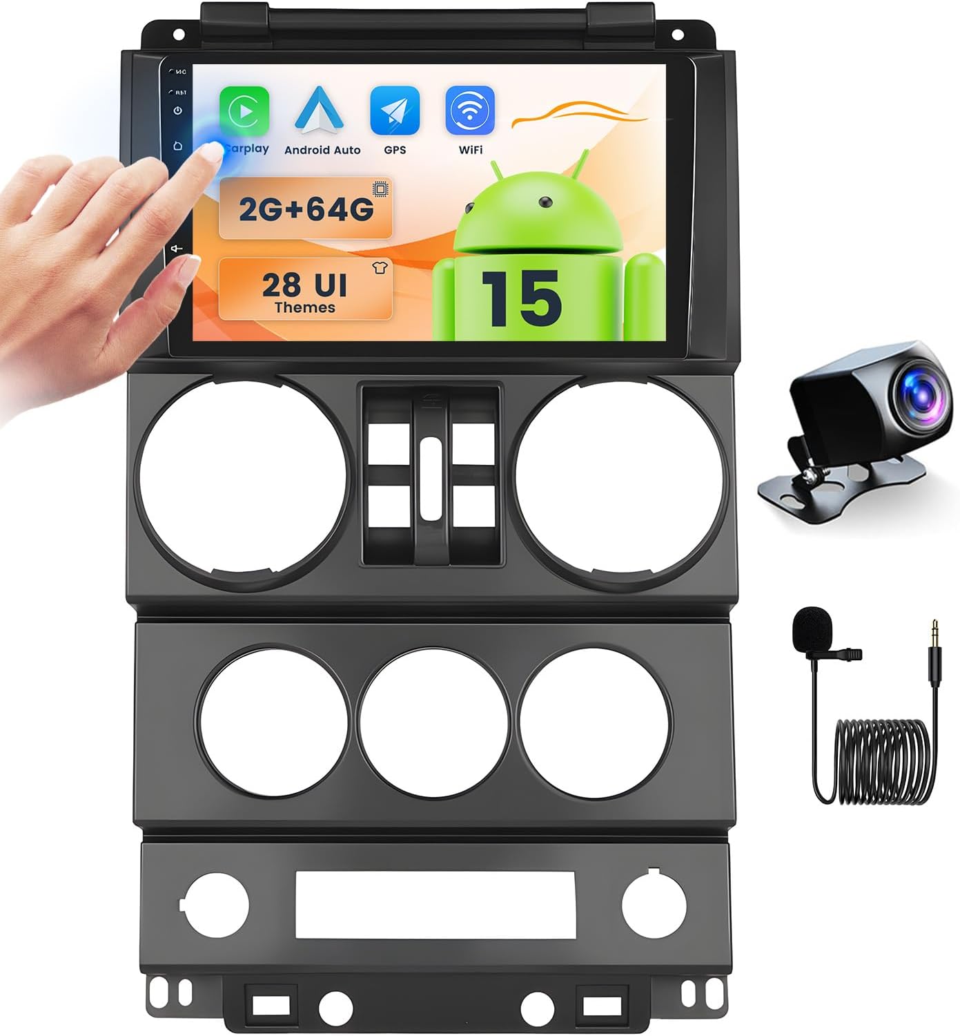Android 15 Car Stereo 2+64G for Jeep Wrangler (4 Doors) 2007-2010 with Wireless Carplay Android Auto Mirror Link, 9'' Touchscreen Radio WiFi GPS FM RDS Bluetooth SWC Backup Camera Mic