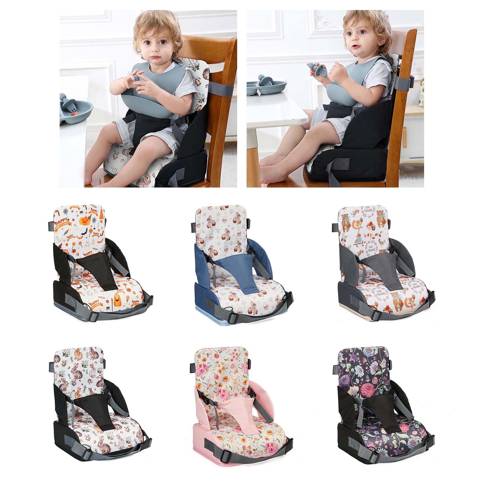 Asiento ajustable para niños pequeños para comer, respaldo protector antideslizante, silla de aumento de altura, asiento plegable portátil