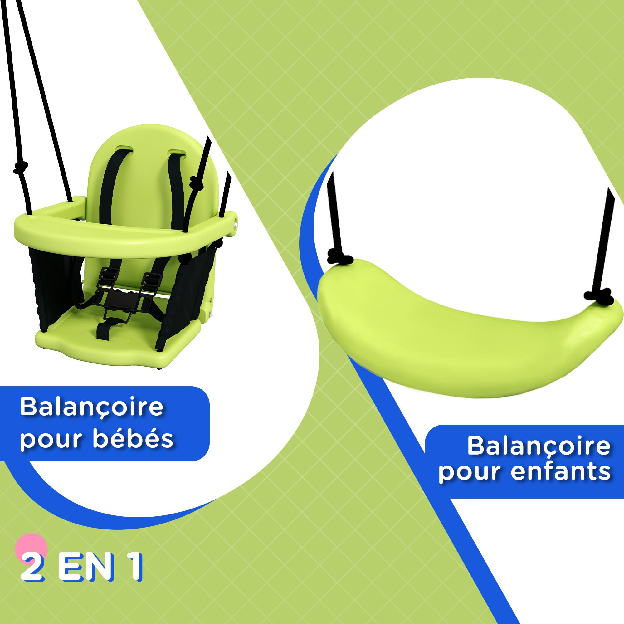 Outsunny Balançoire Portique pour Enfant 2 en 1 IntérieureEextérieure Vert | Ceinture De Sécurité À 5 Points, Facile À Assembler Et À Ranger