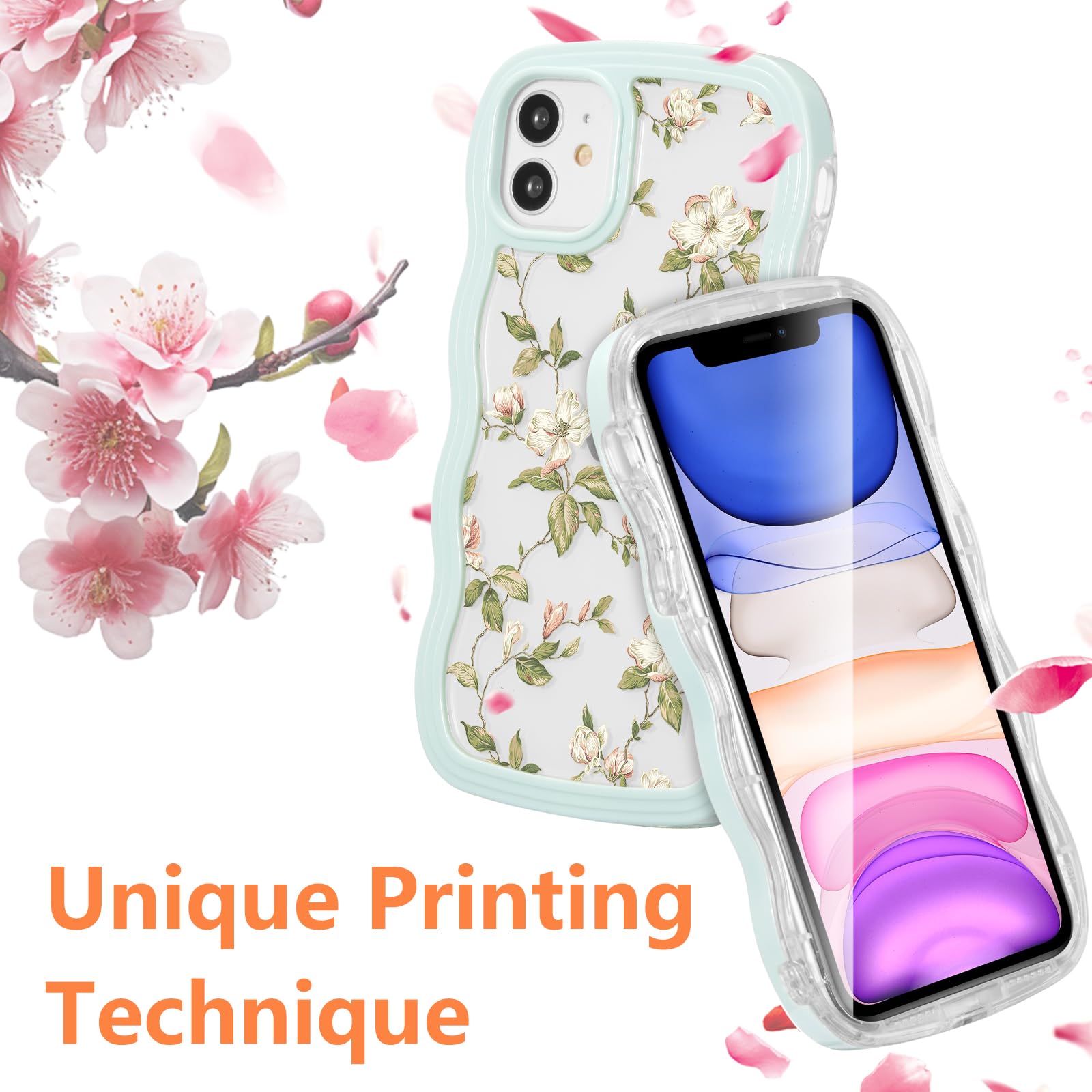 ZTOFERA Wavy Case for iPhone 12/12 Pro (6.1"), Cute Clear Protective Case with Floral Leaves Pattern - Image 2