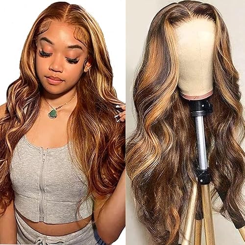 Highlight Ombre Lace Front Human Hair Wig - Pre Plucked 4/27 Brown Honey Blonde Body Wave - 13x4 HD Lace Frontal - 150% Density 24 Inch - For Black Women