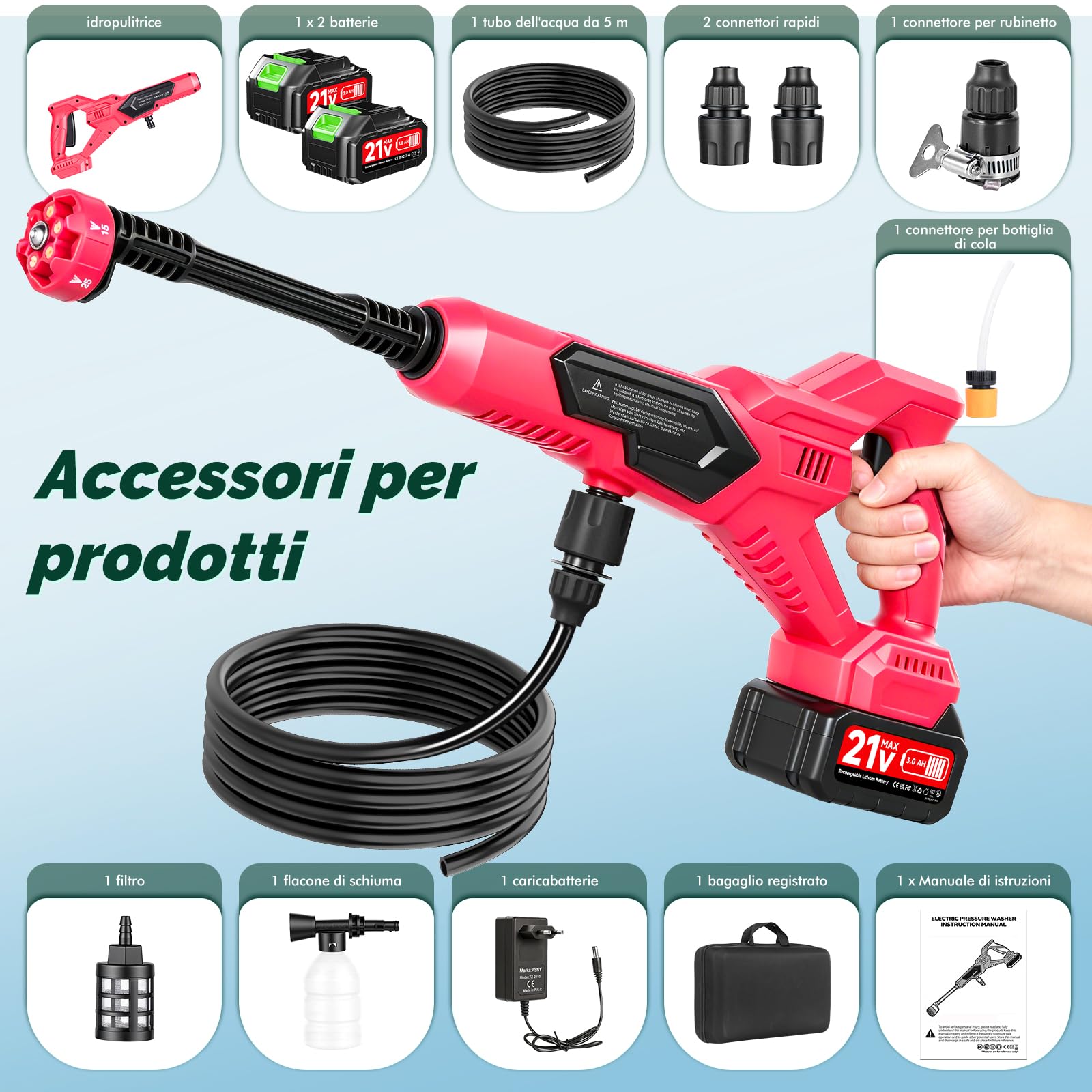 Idropulitrice a Batteria,120 bar/1700 PSI Idropulitrice Portatile con 2 x 3000mAh Batterie, Ugello 6 in 1 & Tubo da 5m per Pulire Pavimenti, Auto, Giardini - rosa