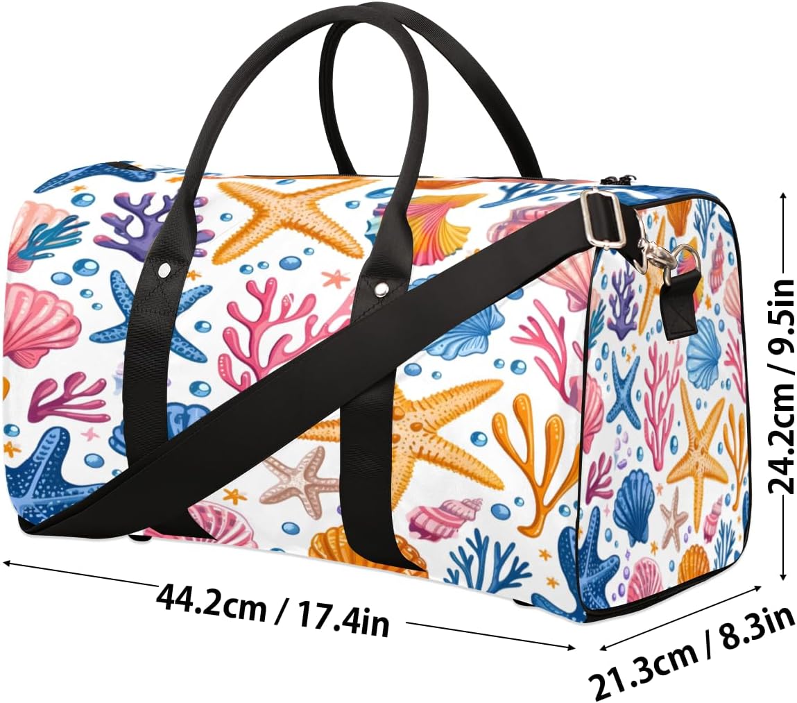 Starfish Coral Shell Watercolour Travel Duffel Bag for Women Men Large Capacity Overnight Weekender Bags for Lightweight Waterproof Sport Gym Bag for Workout Yoga Swim