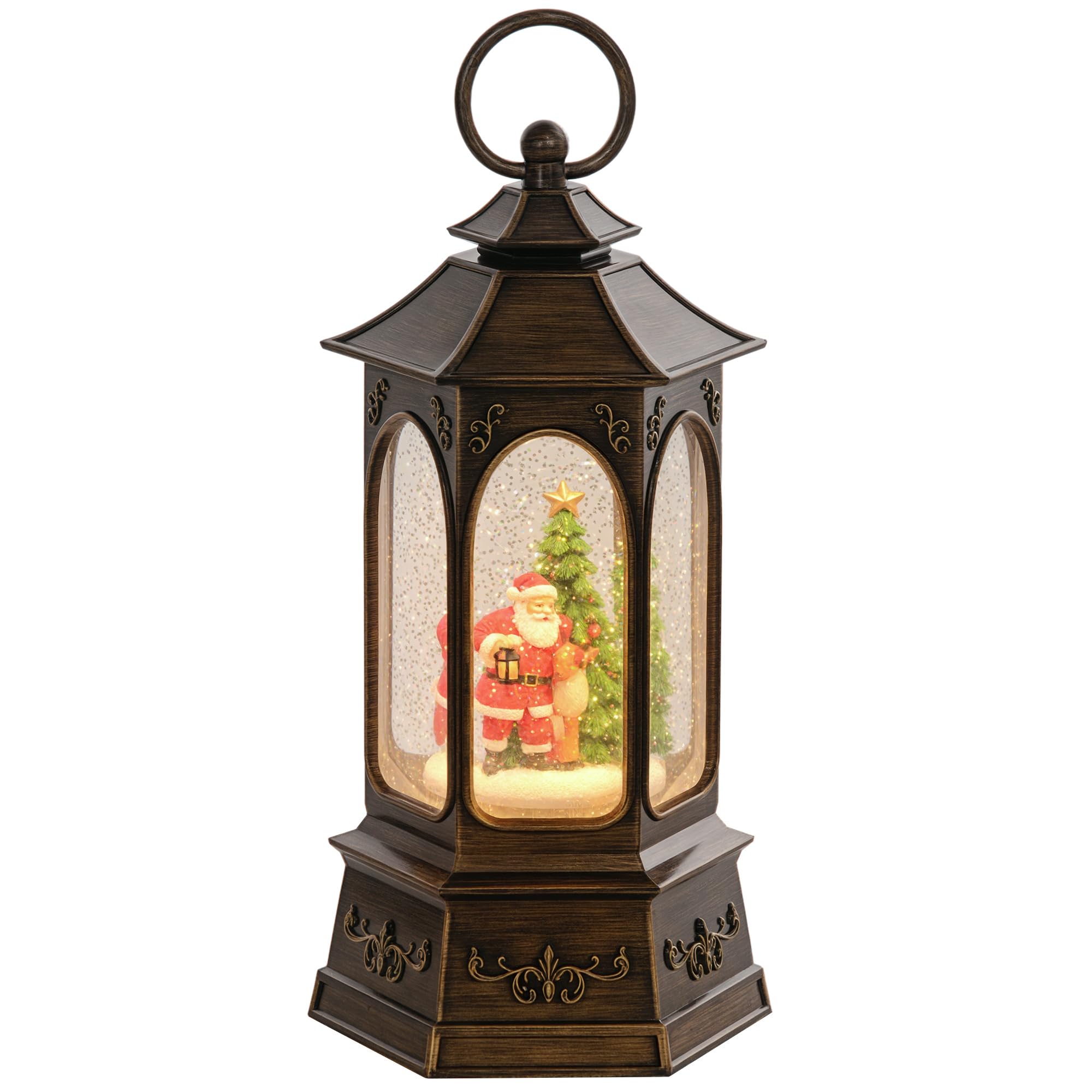 HOMCOM Bola de Nieve Navidad Farol Navidad con Música y Luces Bola de Nieve con Papá Noel Purpurina en Espiral Decoración Navideña para Regalo de Fiesta Bronce