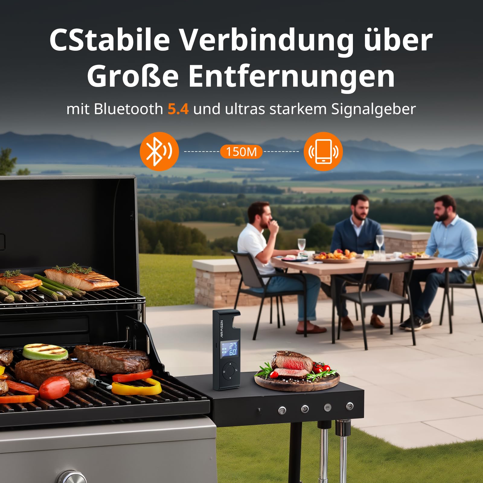 AIRMSEN Kabelloses Fleischthermometer Grillthermometer Bluetooth mit Hitzebeständigem Keramikgriff & LCD-Display 150m Fernüberwachung, Bluetooth 5.4 Smart-App-Steuerung für Räuchern BBQ - 1000mAh Akku
