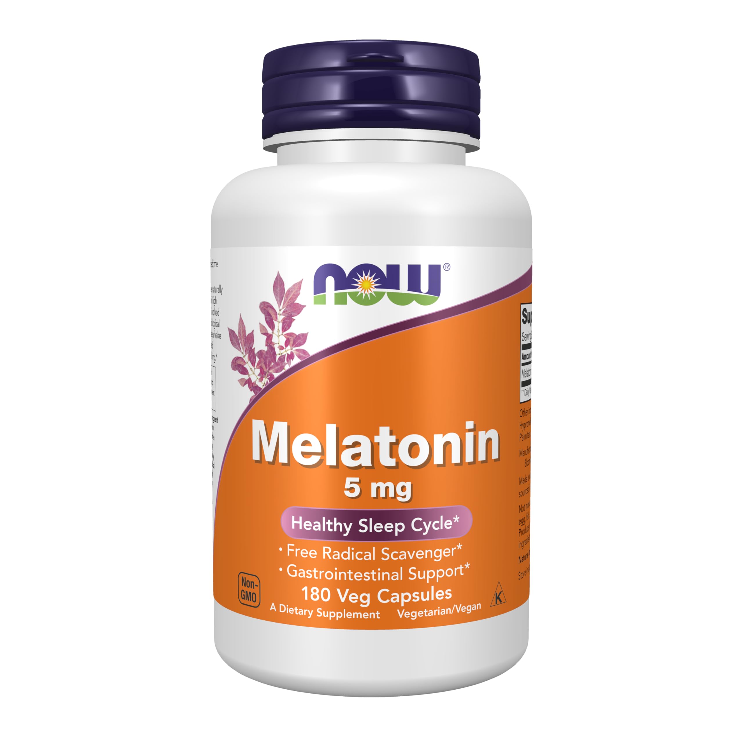 Suplementos NOW Foods, Melatonina 5 mg, Eliminador de Radicales Libres*, Ciclo de Sueño Saludable*, 180 Unidades (Paquete de 1)