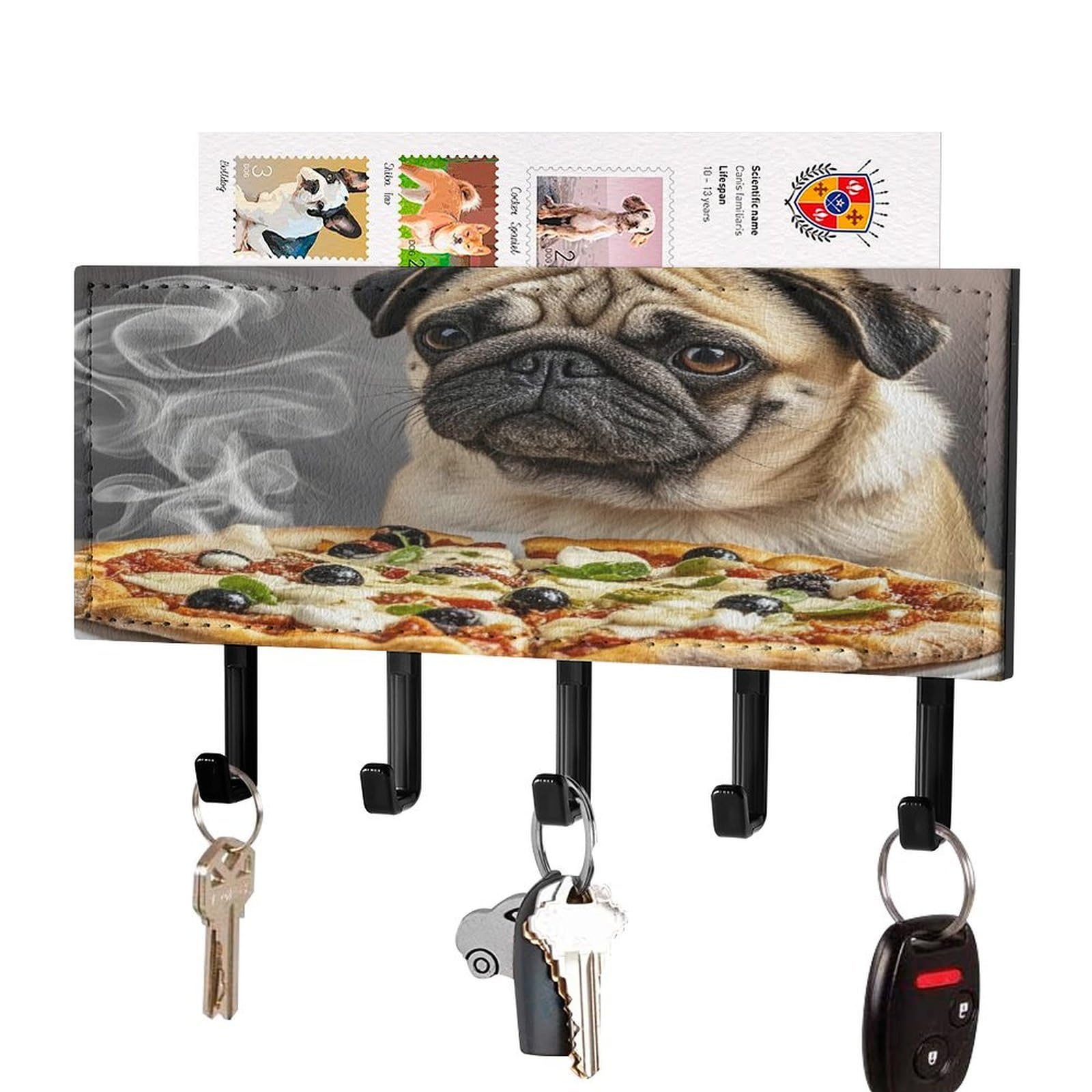FekiLoot Pug Pizza Key Holder Wall Mount Decorative Key and Mail Holder with 5 Hooks Key Hanger Organizer Pu Key Rack Decorative Home Decor for Wall Living Room Entryway Office Black-Style