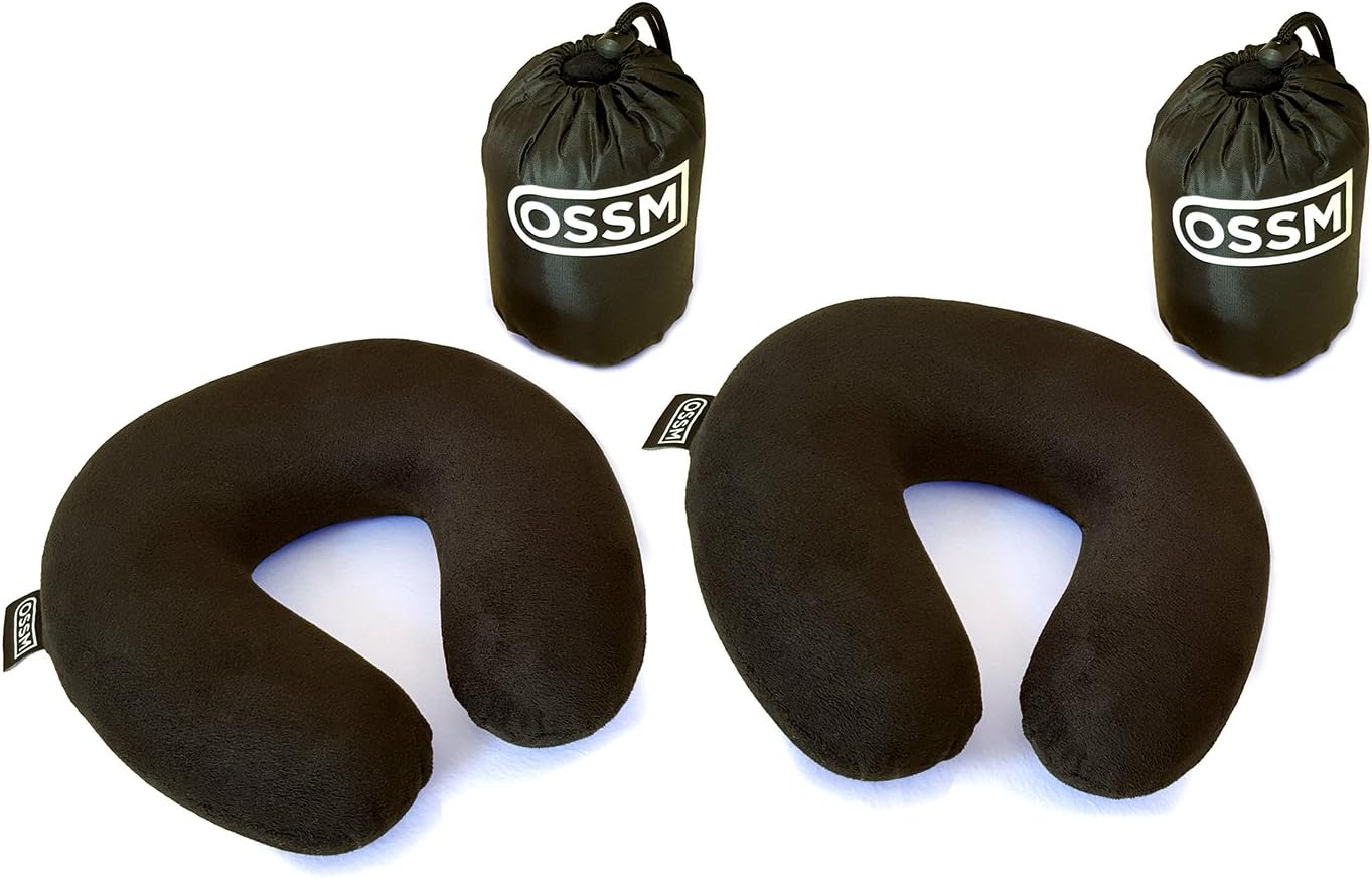 OSSM Premium Comfort Memory Foam Neck Pillow with Washable Velour Zipper Case and Sturdy Compact Carrying Bag for Travel, Relaxation, Neck Support, and Pain Relief - 2 Pack (Black)