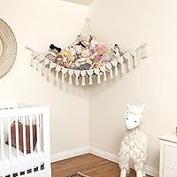 Vista 6 de Hamaca extragrande para animales de peluche con luces LED, 100% algodón natural, red de almacenamiento de juguetes de macramé para peluches