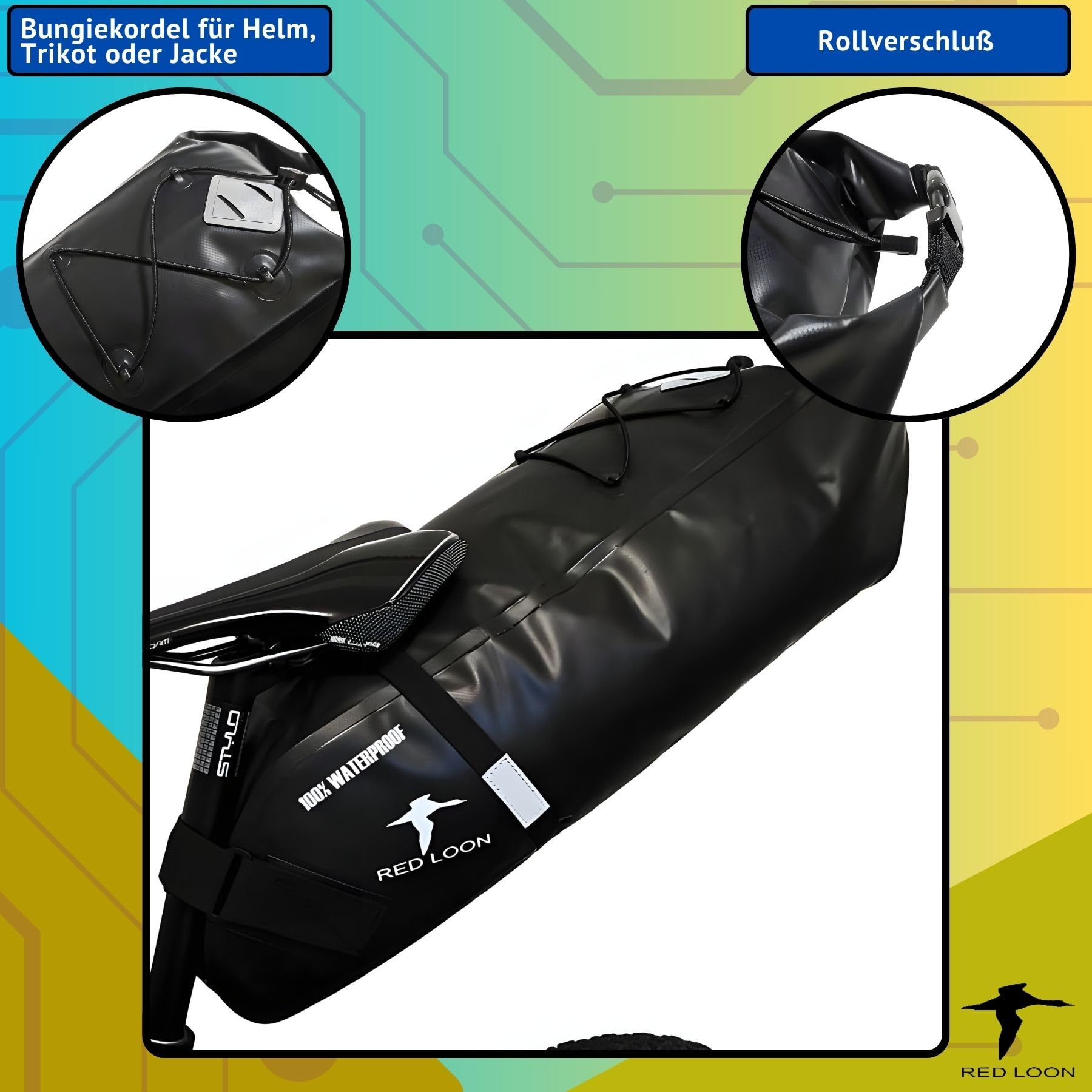 Red Loon Sacoche de selle de vélo Backloader Bike Packing - Noir - 15 l - Imperméable et indéchirable - Fermeture à roulettes - Sacoche de vélo en bâche de camion