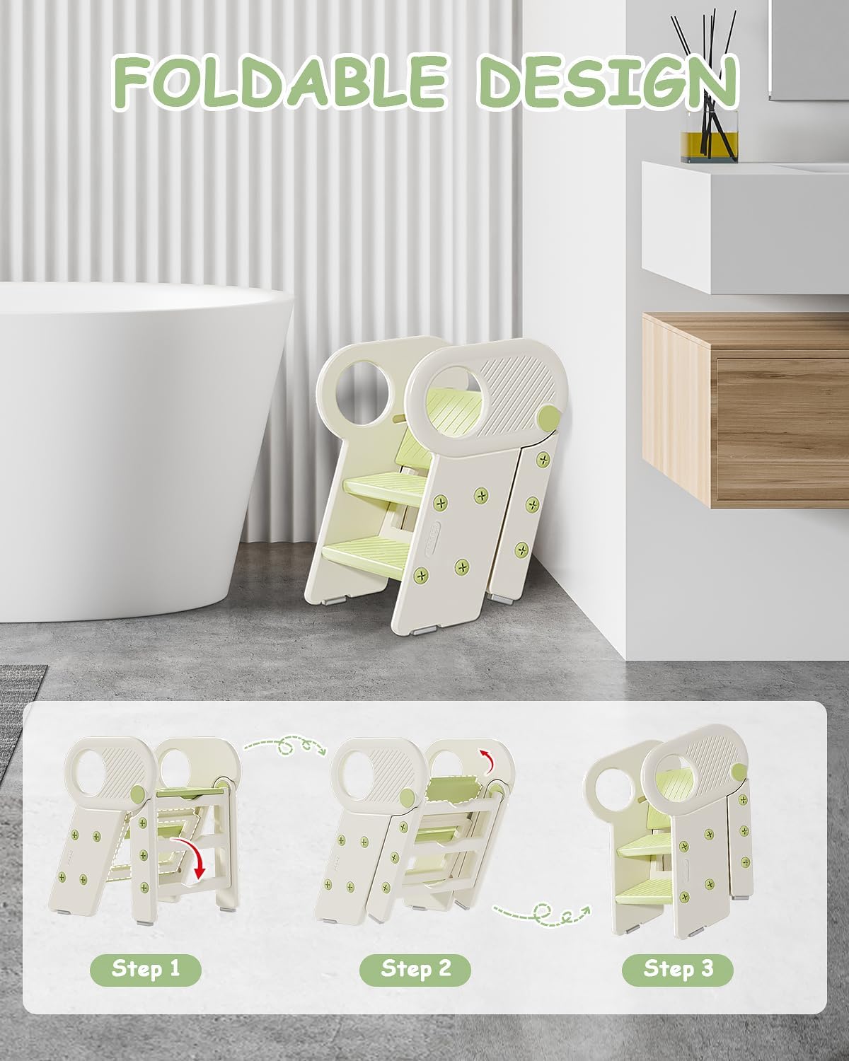 Baobrava Foldable Step Stool for Toddlers, Adjustable 3 Step Stool for Bathroom Sink, Toilet Potty Training Stool with Handles, Child Kitchen Counter Bedroom Bed Stool Helper
