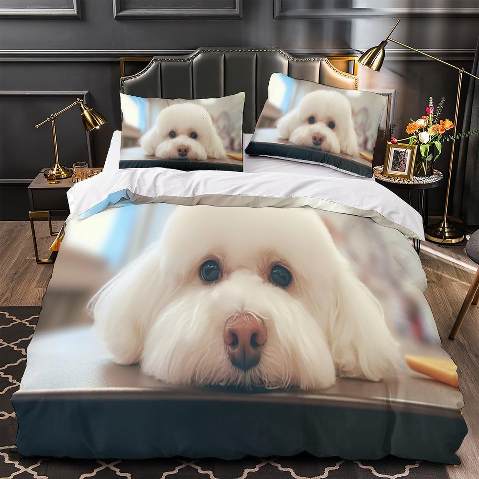 Housse de couette chien blanc hypoallergénique en microfibre douce et respirante 3D