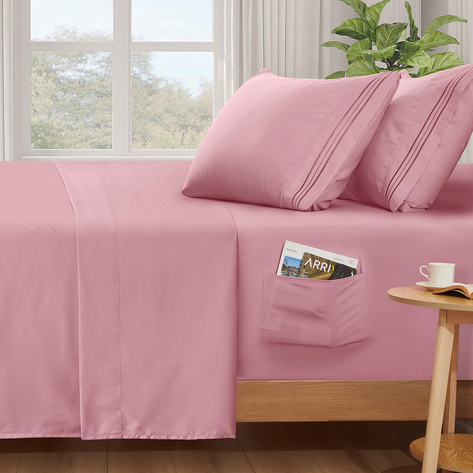 SiinvdaBZX 4 Piece Extra Deep Pocket Queen Sheets Set Pink