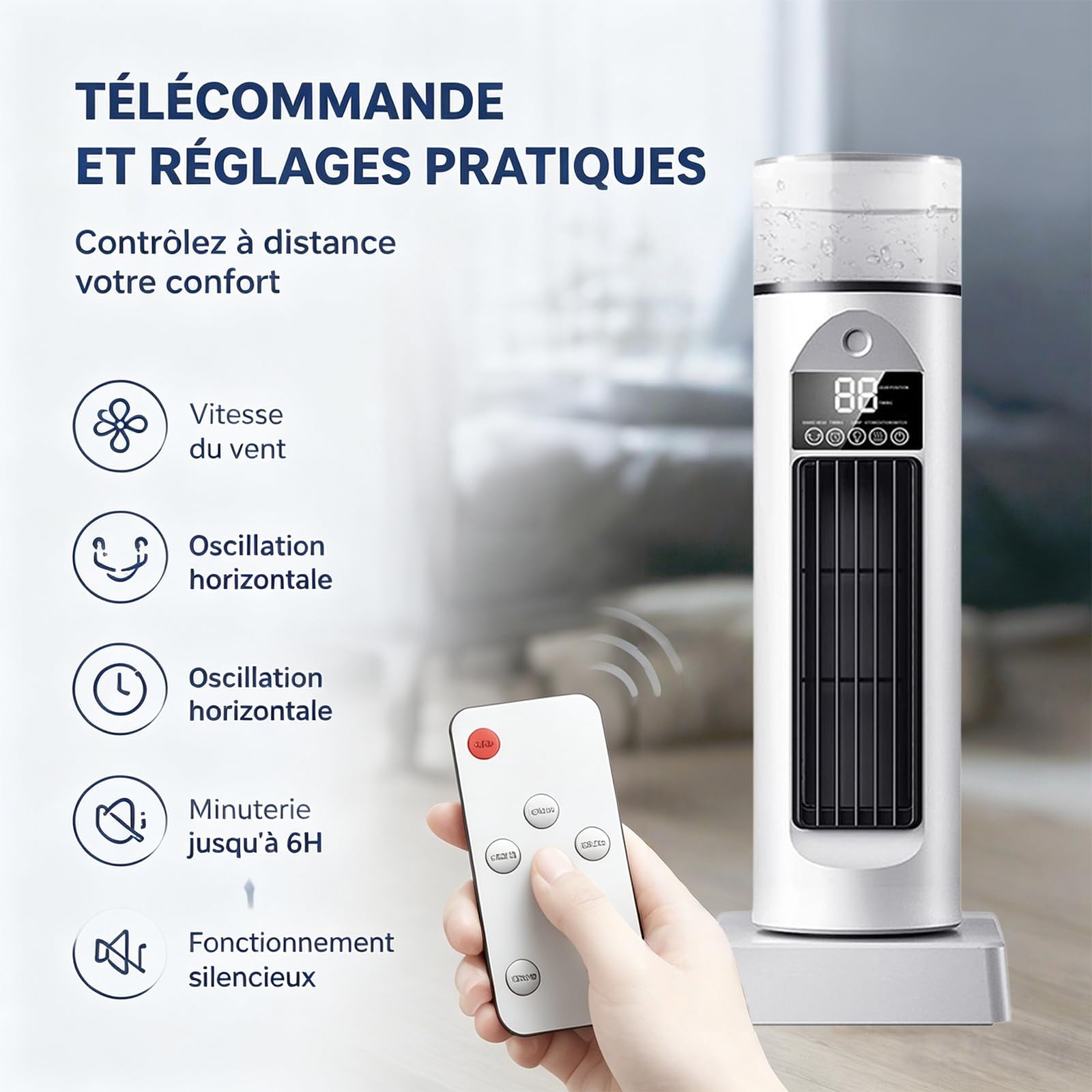 Générique Ventilateur Colonne Rafraîchissant avec Brumisateur, Silencieux 6 Vitesses Télécommande, Oscillation 110° USB Rechargeable, Réservoir d'Eau 230 ml – Pour Bureau Chambre Salon (Noir)