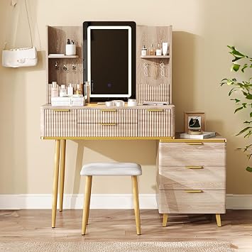 Fluted Makeup Vanity Desk with Mirror and Lights, Wood Vanity Table and Chair Set with 7 Drawers & Storage Shelves, PU Stool, Metal Legs, Dressing Table Vanity Set for Bedroom 39.37"