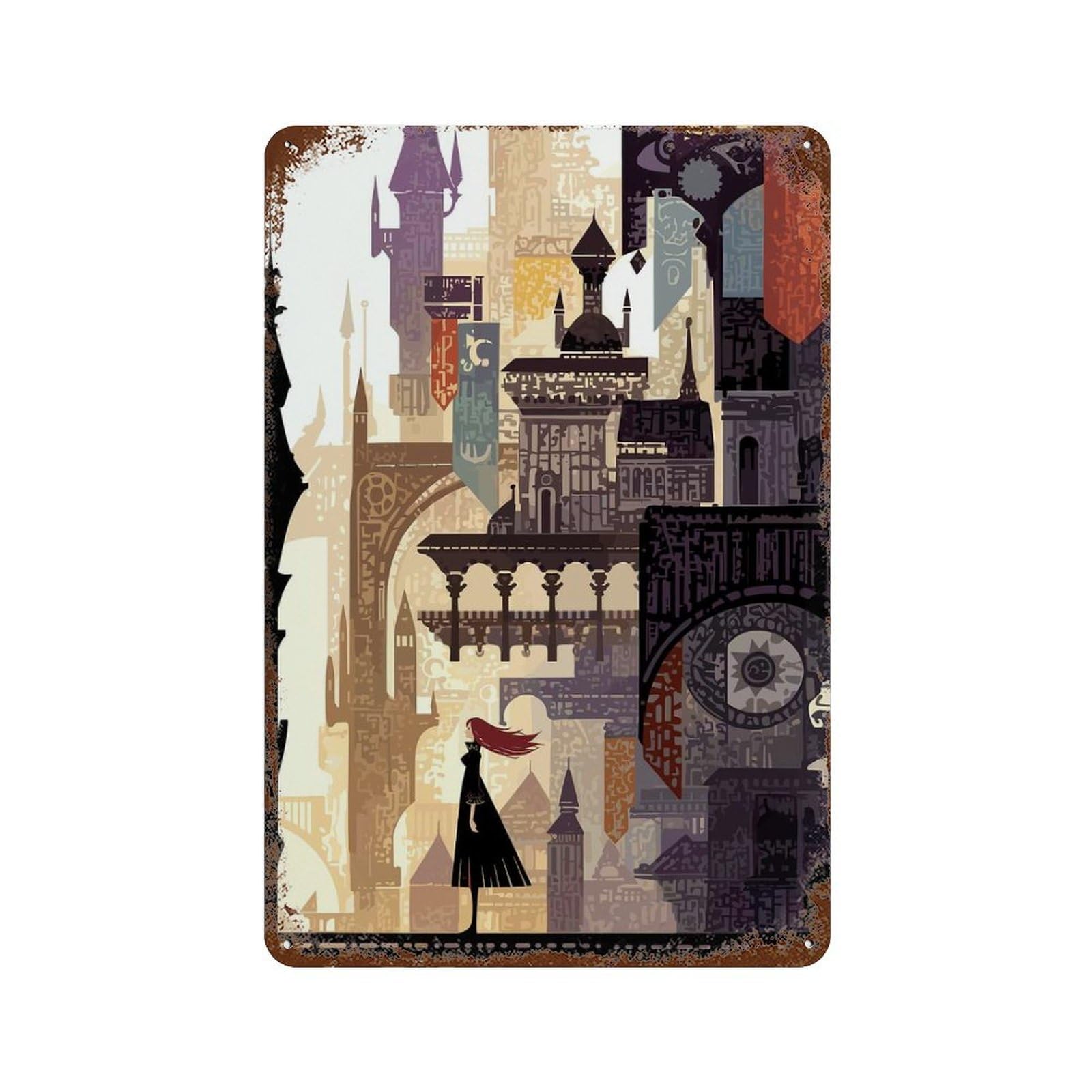 Garage Style Fantasy Cityscape with Woman Rusty Metal Tin Sign 11.8"x7.9", Classic Wall Plaque for Bar And Workshop
