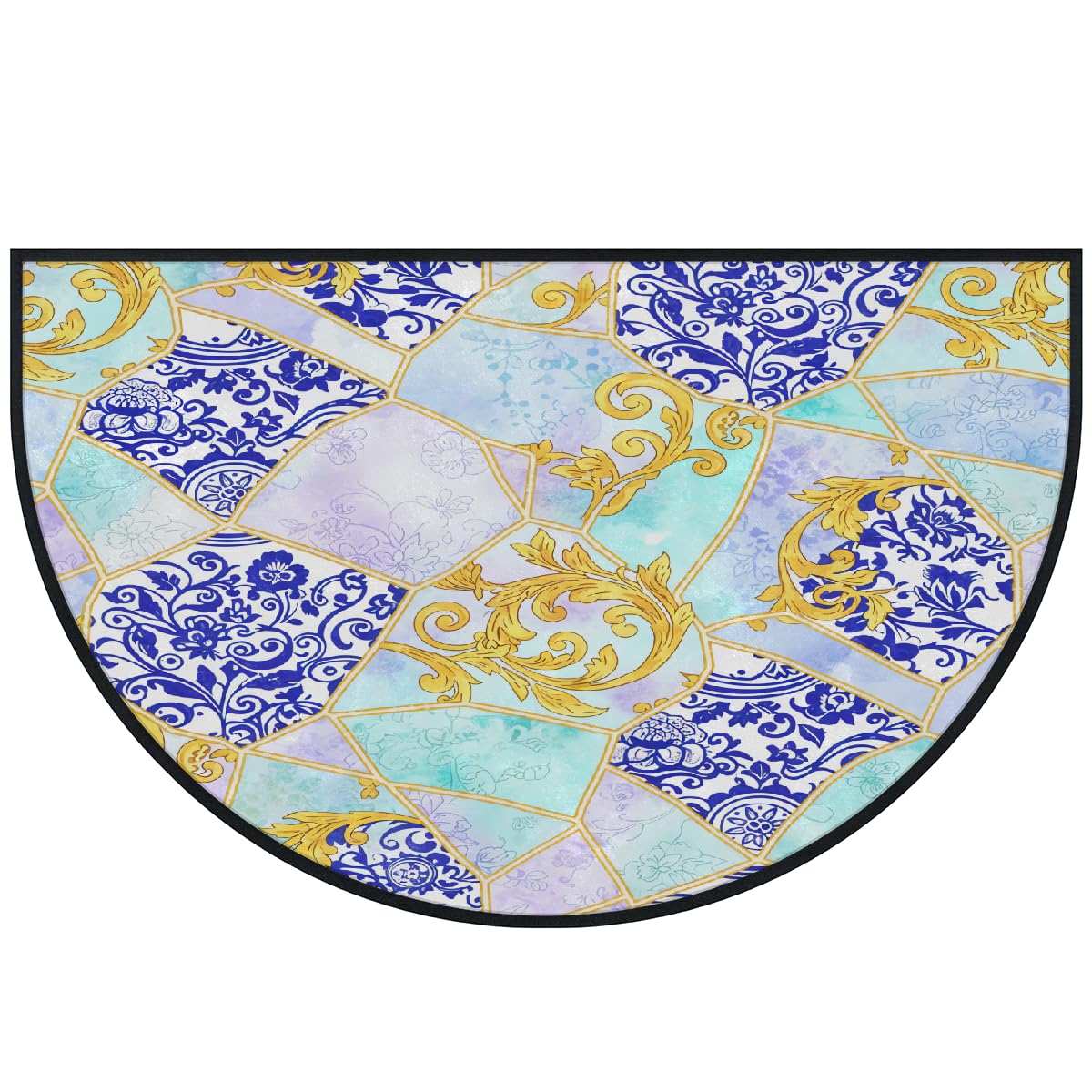Kintsugi große halbrunde Fußmatte – blau-weißes Porzellan, waschbar, rutschfest, halbrund, Eingangsbereich, Teppich, niedlich, weich, halbrund, saugfähig, Teppich für Küche, Badezimmer
