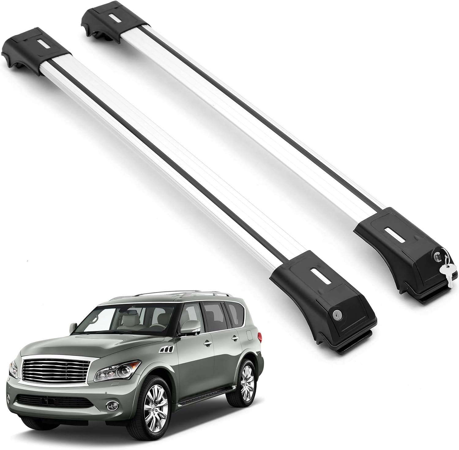 ERKUL Roof Rack Cross Bars for Infiniti QX56 2011-2013, QX80 2014-2022 | Aluminum Crossbars with Anti-Theft Lock for Rooftop | Compatible with Raised Rails - Silver