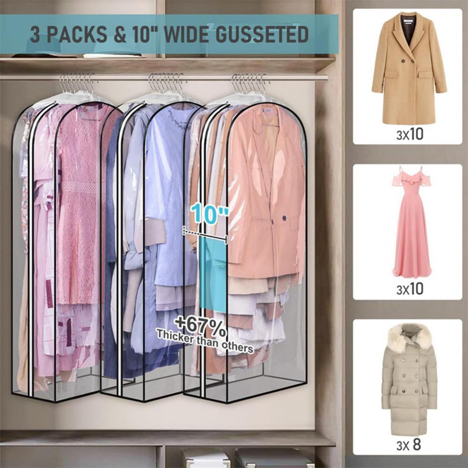 Fundas para Ropa Paquete de 3 Bolsas para Ropa Totalmente Transparentes Bolsas dArmario con Refuerzos y Cremalleras Laterales para Trajes, Abrigos, Vestidos, 102 X 60 X 25,5 cm, Transparente