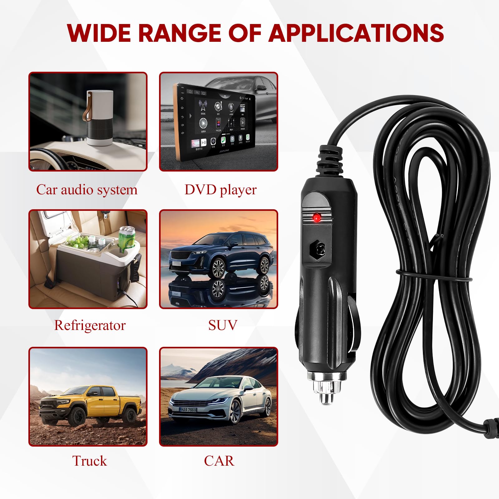Adattatore per caricabatterie da auto DC 12 V, cavo adattatore per accendisigari da 12 V-24 V, cavo di ricarica maschio per accendisigari, cavo di ricarica per audio, lettore DVD portatile