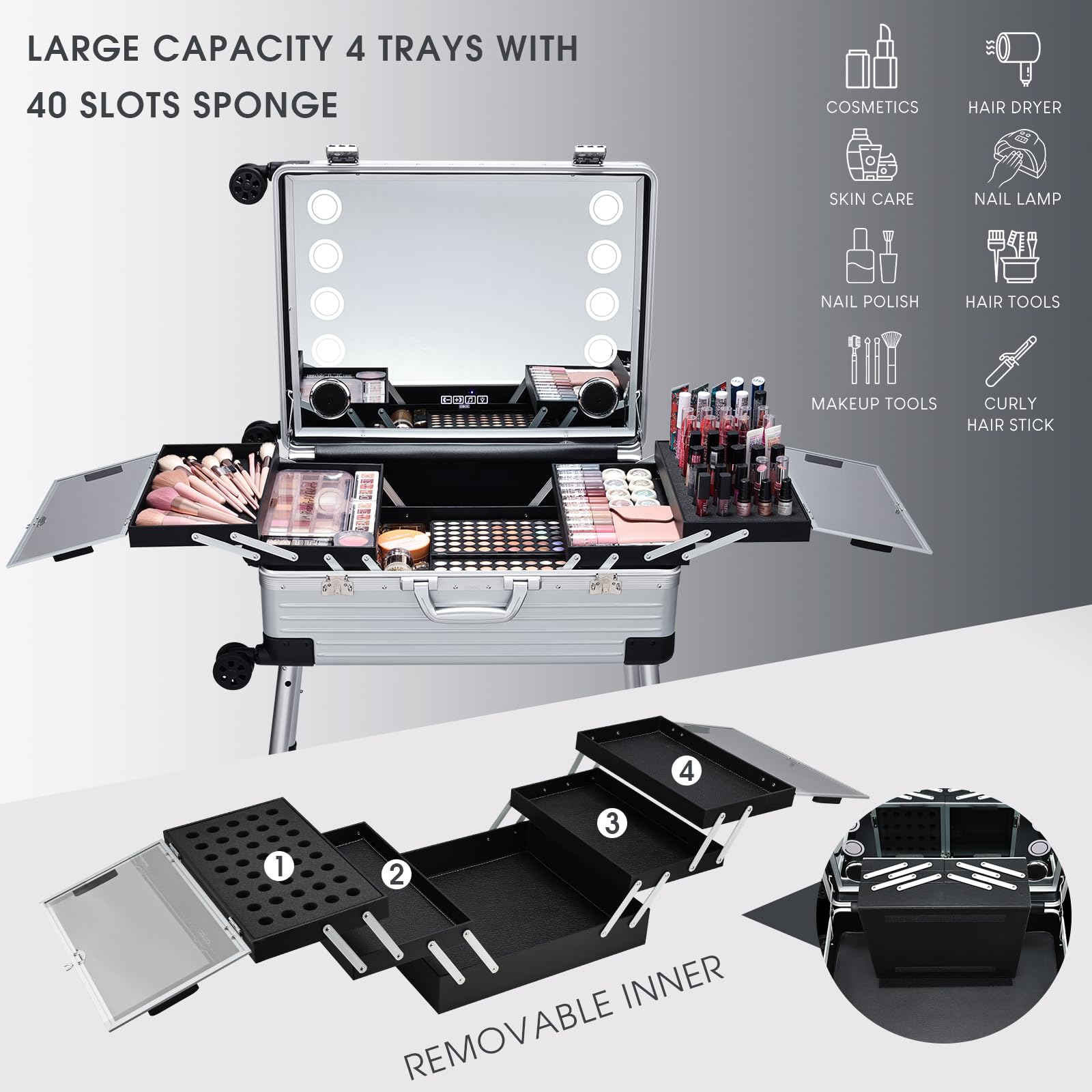 Faquenc 24'' Aluminum Trolley Rolling Makeup Train Case with LED Light Mirror Professional Cosmetic Travel Box with Bluetooth Speaker Make up Cosmetic Organizer Studio Nail Salon Beauty Vanity Silver