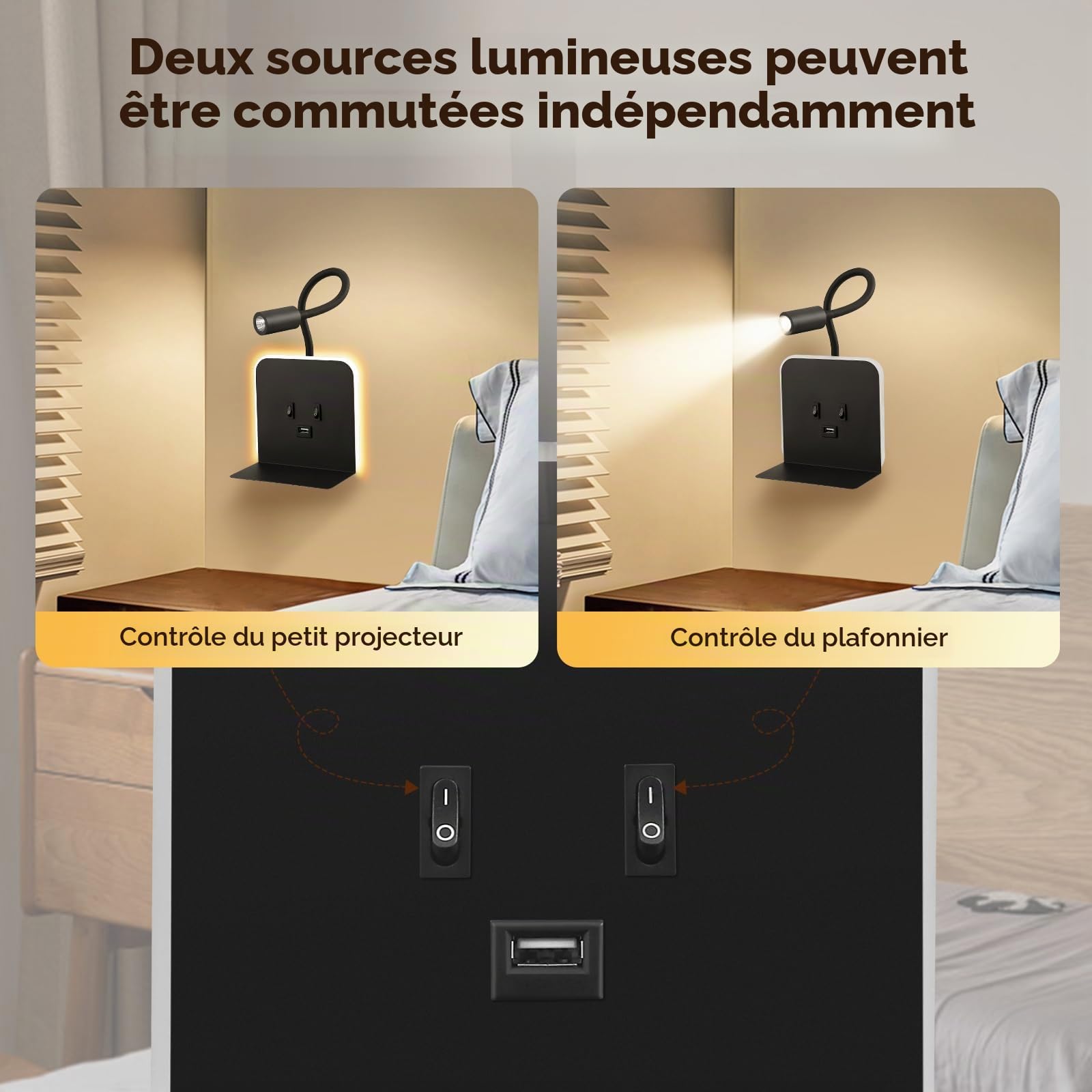 Applique Murale Intérieure LED, Liseuse de chevet LED avec Interrupteur Port USB, Plateau, 360°Réglable Applique Murale Lampe de Lecture de Chevet, Cou Flexible Lampe de Lecture, Lumières Murale(B)