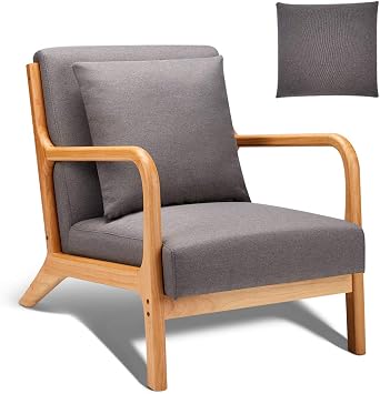 Esright Mid-Century Modern Accent Chair, Fabric Arm Chair, Retro Chair with Arm, Upholstery Linen, Living Room Furniture Gray