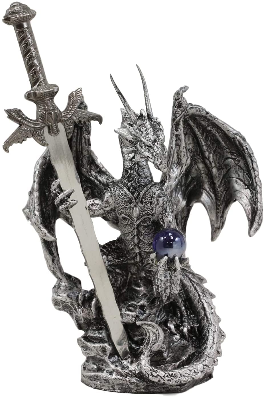 Ebros Gift Legendary Silver Dragon Carrying Magical Orb and Excalibur Sword Letter Opener Figurine Sculpture