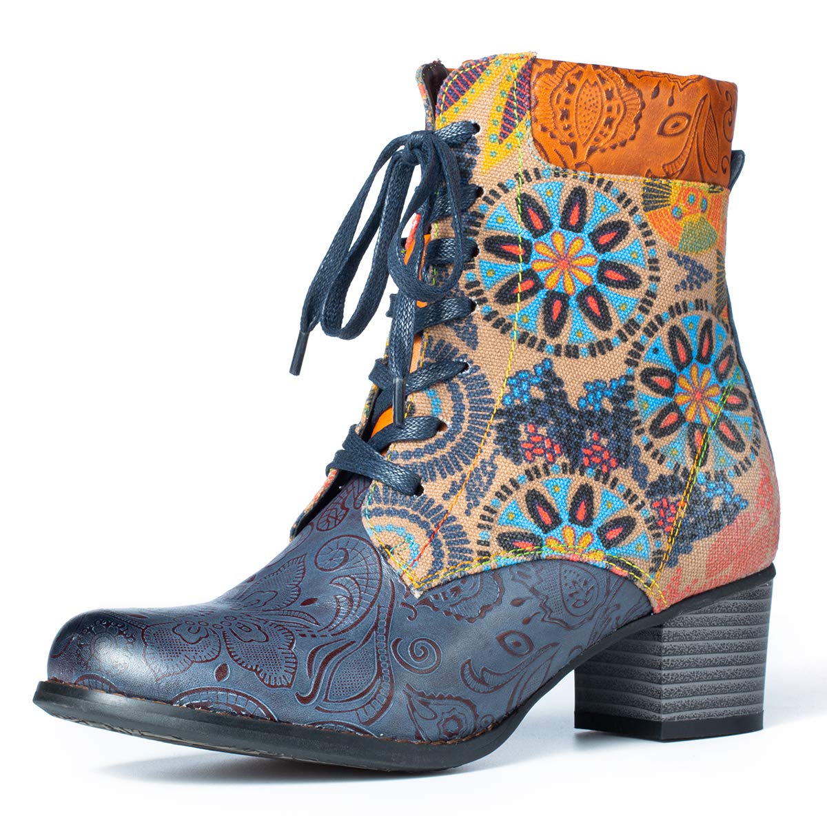 Ankle Boots Women Flat Leather Boots Printing Retro Bohemian Handmade Pattern Lace Up Low Block Heel Winter Autumn Side Zipper Shoes Ladies Outdoor Round Toe Walking Shoes