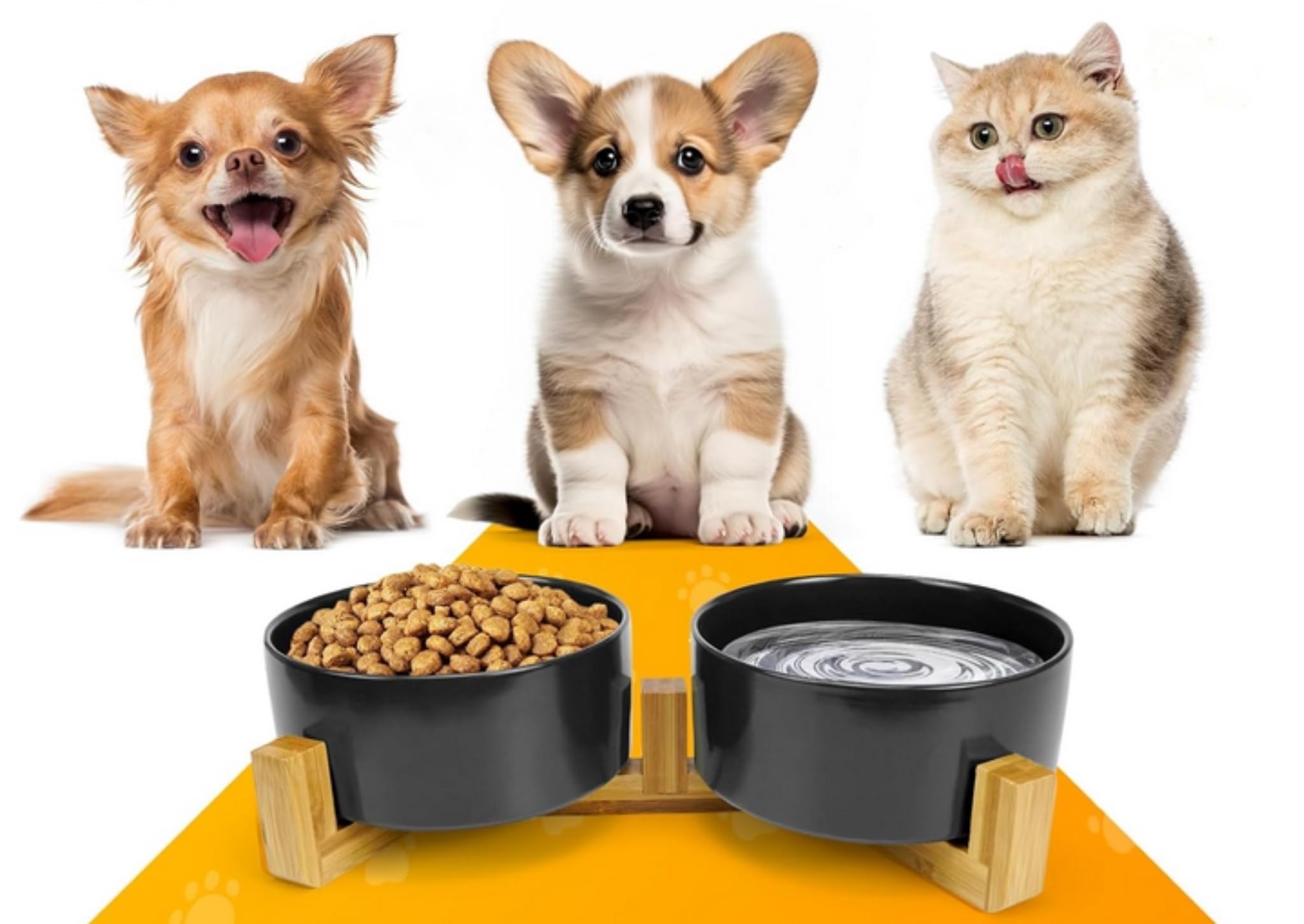 2 comederos de cerámica para perros con soporte de madera de bambú, antideslizante, comedero doble, 600 ml, para gatos y perros, cerámica, apto para lavavajillas, color negro