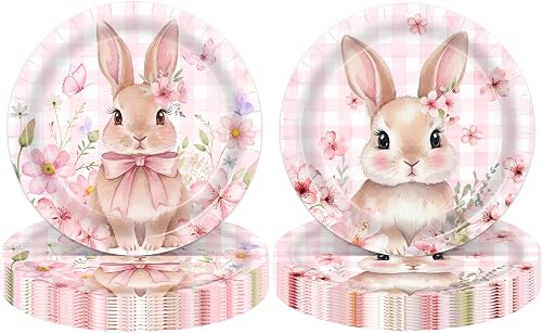 umoni Cute Rabbit Floral Disposable Plates, Retro Pastel Pink Tableware for Spring Party, Easter Celebration and Bunny Themed Events