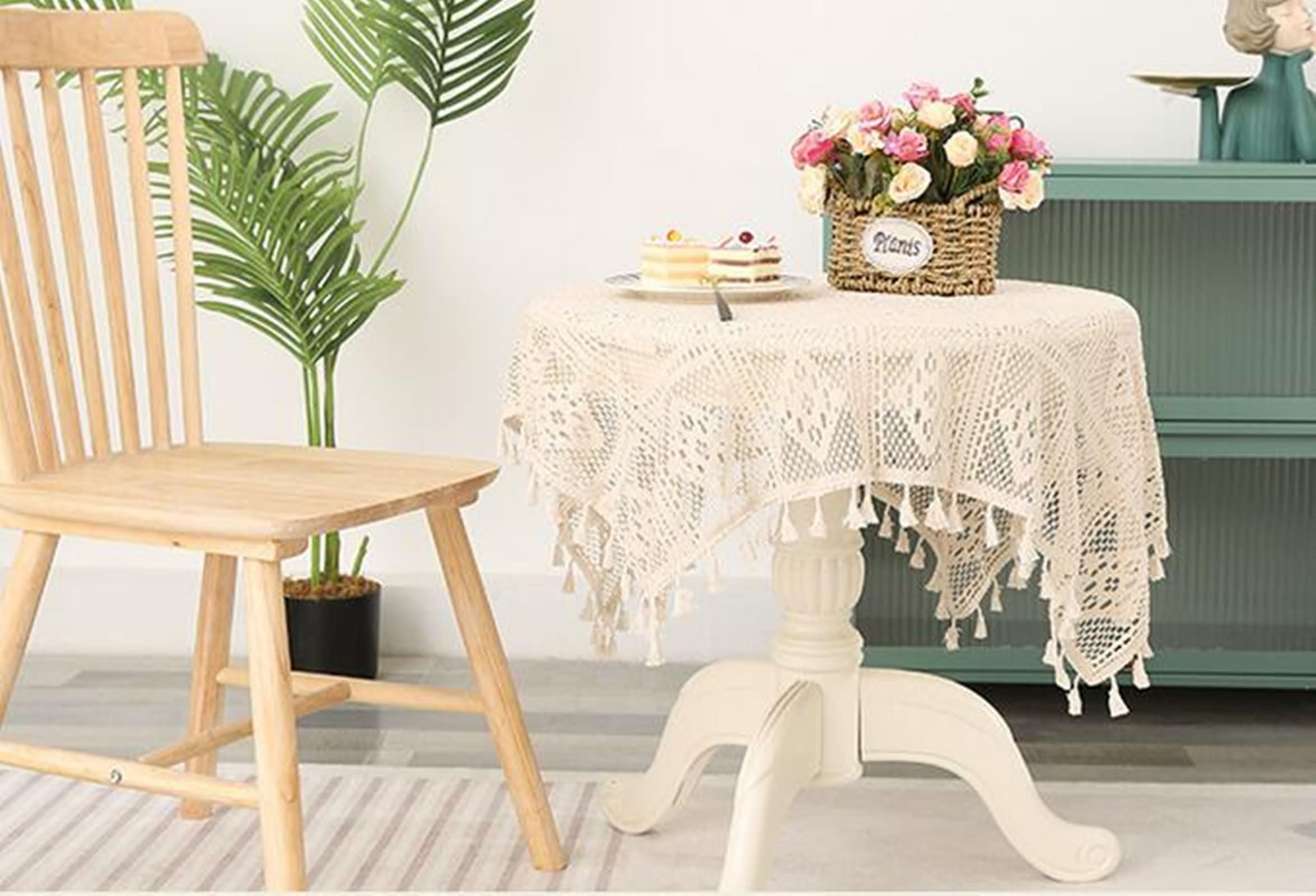 Gualiy Polyester Tischdecke Rund, Tischtuch 140 x 160 Abwaschbare Tischdecke Hohl Strick mit Quasten Tischdecke für Küchentisch, Beige
