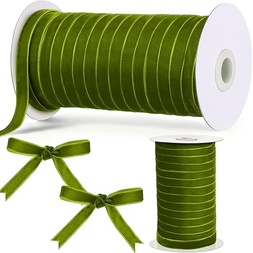 Chuangdi Christmas Ribbon Spool Vintage Velvet Ribbons for Christmas Wreath Decoration Handmade Craft Ornaments Gift Wrapping Bow Making(Olive Green, 3/8 Inch, 60 Yard)