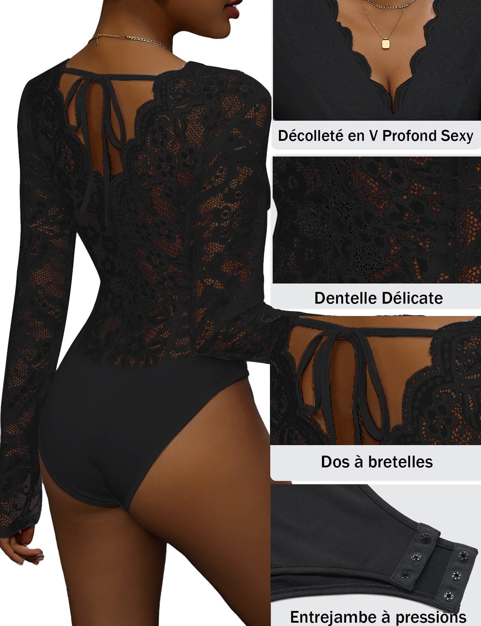 Everbellus Body Haut en Florale Dentelle Sexy pour Femme, Bodysuit Chemises à Manches Longues et Décolleté en V Profond pour Soirée en Amoureux