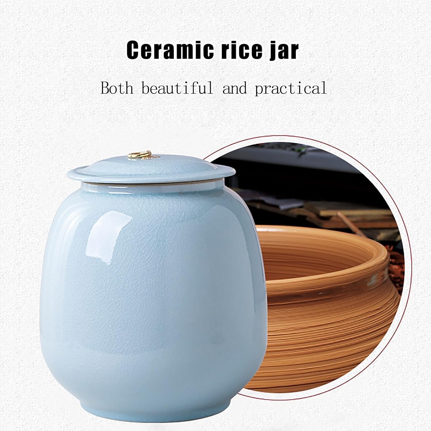ELEFOCUS Ceramic Storage Bucket Ceramic Rice Storage Rice Dispenser Ceramic Rice Cylinder Airtight Food Storage Jars 15kg(Capacity 25KG)