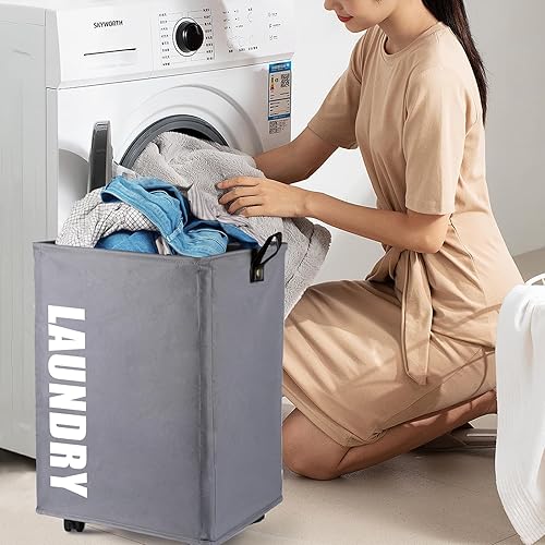 Miniatura 7 de Cesta grande para la ropa sucia, con ruedas de tela Oxford, asa de cuero, plegable a prueba de agua, para dormitorio, cuarto de servicio, armario,