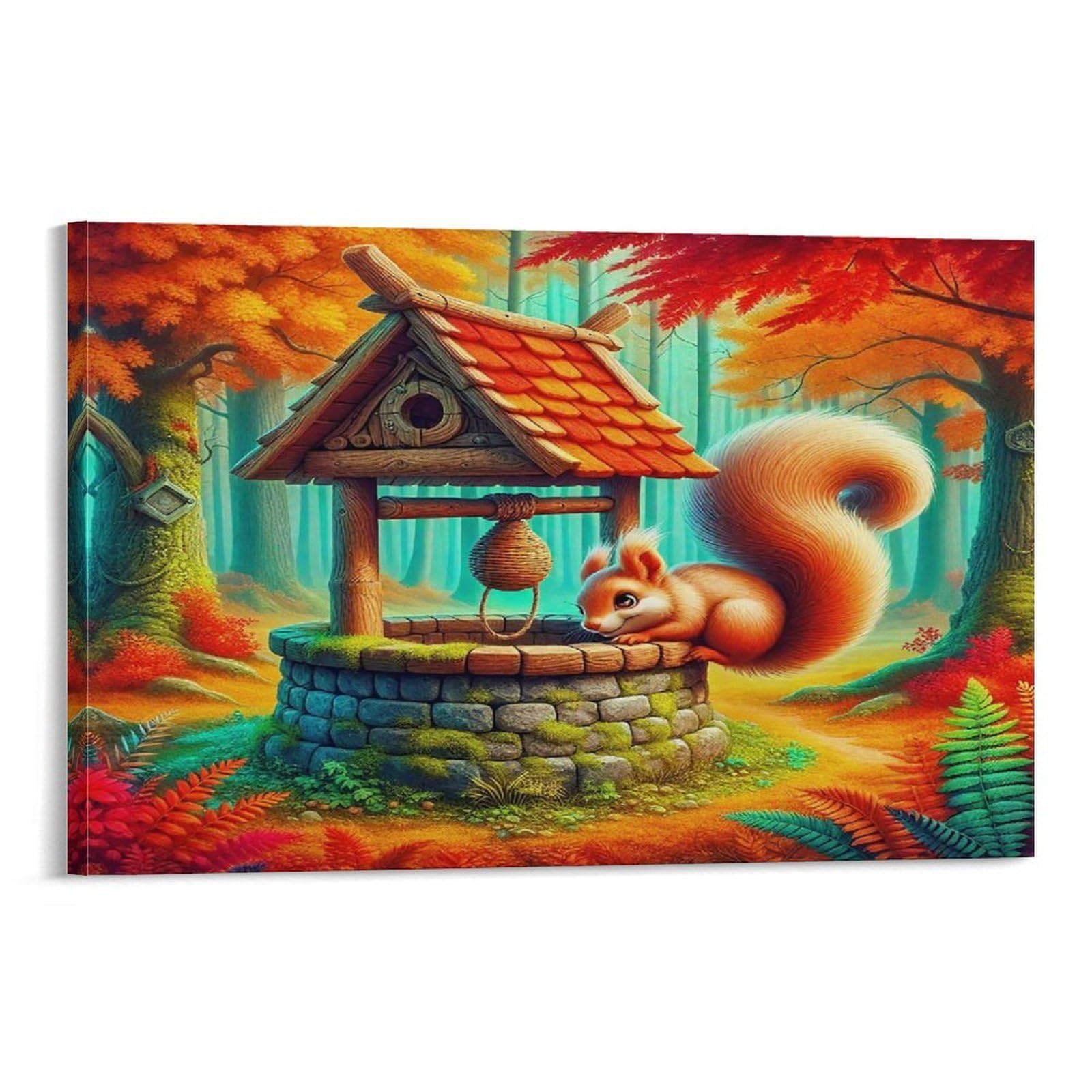 CPLVKWRQJ Squirrel in Festive Winter Scene 1 Piece Squirrel Leaning on Autumn Forest Well Canvas Print - Office Wall Art Fade Resistant Wall Focal Art Statement Piece 20x30inch(50x75cm)