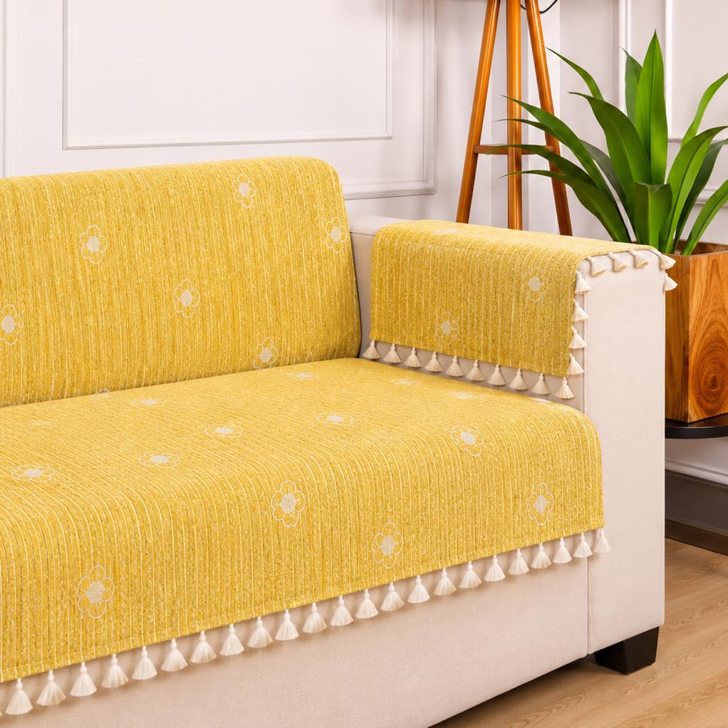 STITCHNEST Woven Fabric Sofa Cover 1 Seater with 2 Hand Rest Covers – Washable Green Sofa Cover with Tassels – Durable Premium Fabric – Stylish Sofa Protector for Living Room & Furniture Decor1