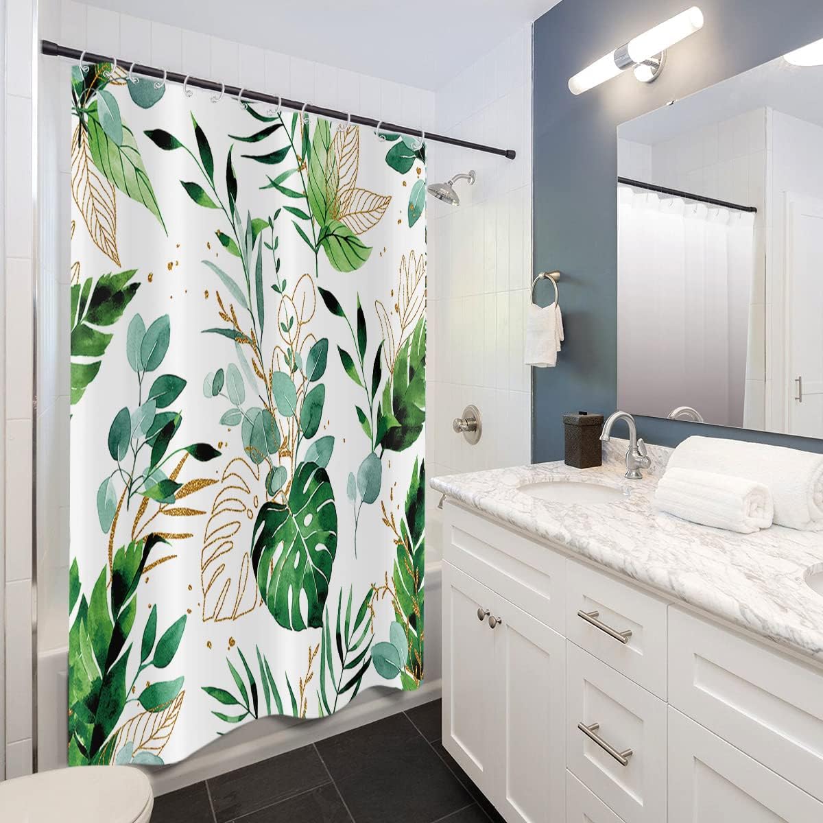 Tropical Leaf Shower Curtain, Abstract Boho Tropical Palms Monstera Leaves Gold Leaf Bathroom Curtain for Summer Bathtub Home Decor Waterproof Fabric Machine Washable with 12 Hooks