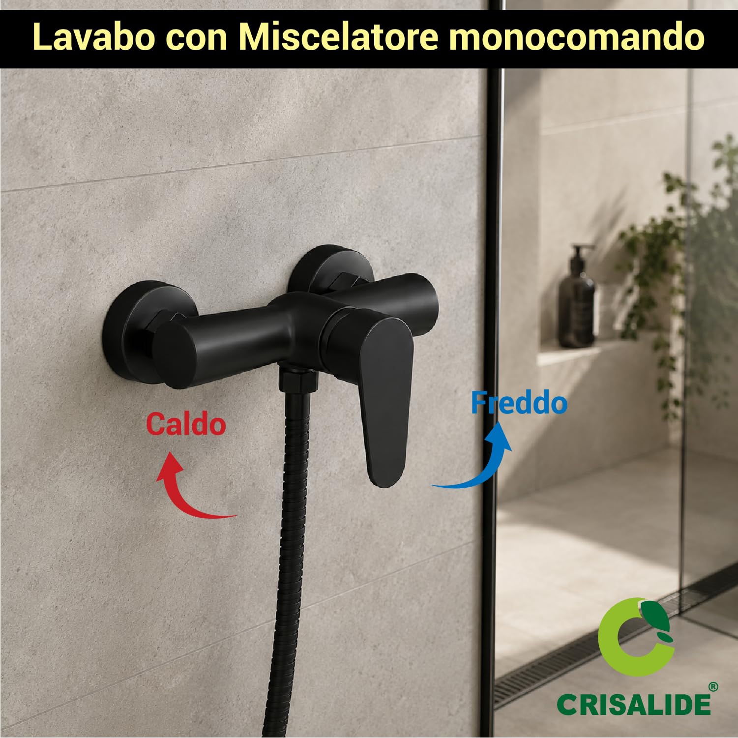 Crisalide® - Miscelatore Doccia Esterno Monocomando in Ottone Massiccio, Rubinetto Nero Opaco con Doccetta, Flessibile e Supporto a Parete