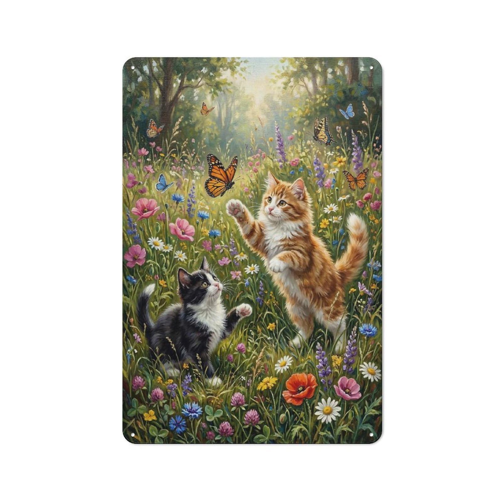 Junmoney Style-14 Kittens Playing With Butterflies In A Meadow Clean Industrial Metal Wall Decor 30X20cm, Decorative Metal Plaque For Workspace, Cafe, Hallway Or Garage
