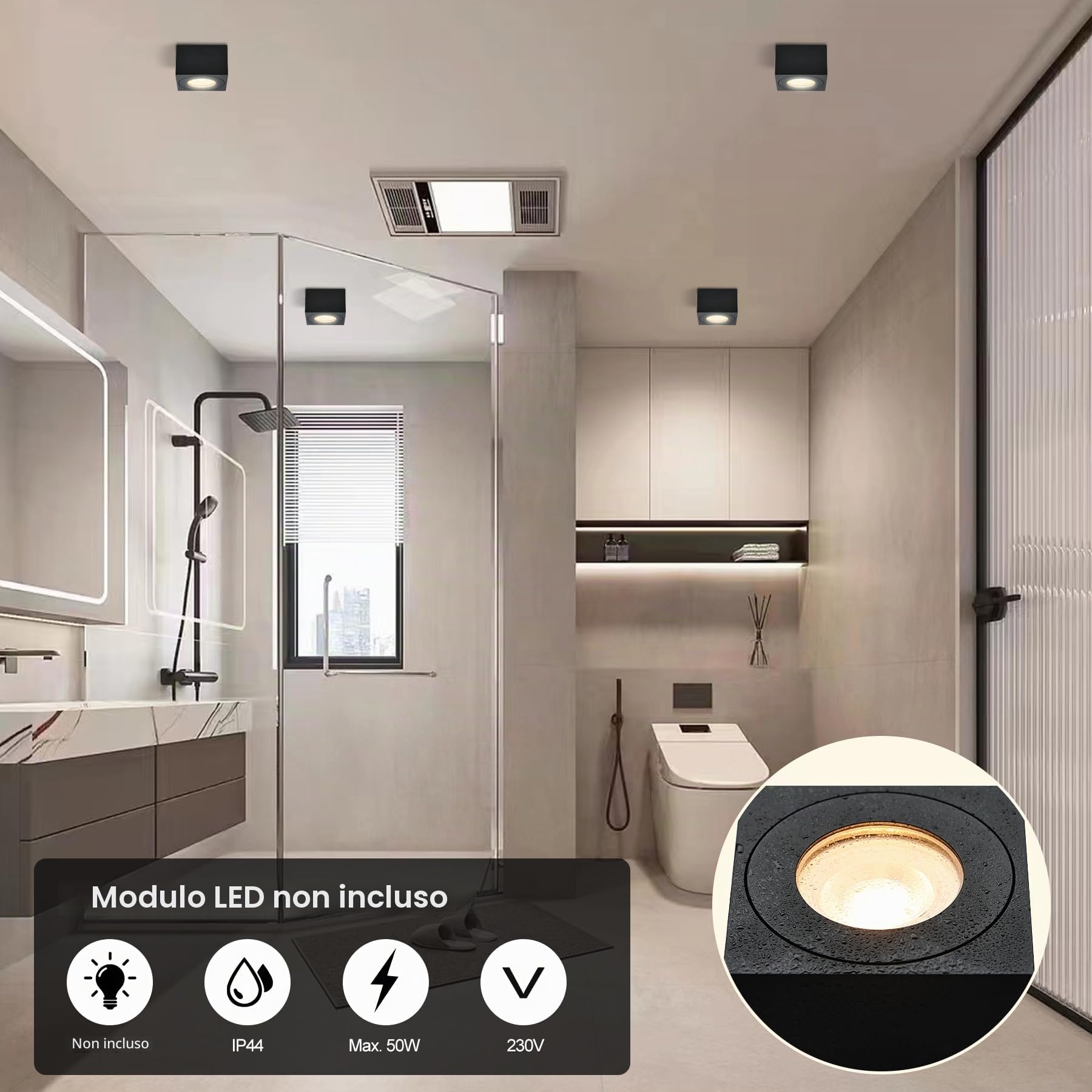 KYOTECH Faretto da soffitto a LED Quadrata IP44 Ø80*80 * 50mm Apparecchio a Plafone Plafoniera per moduli LED Spot Alluminio per Bagno Soggiorno Cucina, lampadine non incluse,Nero Set da 4
