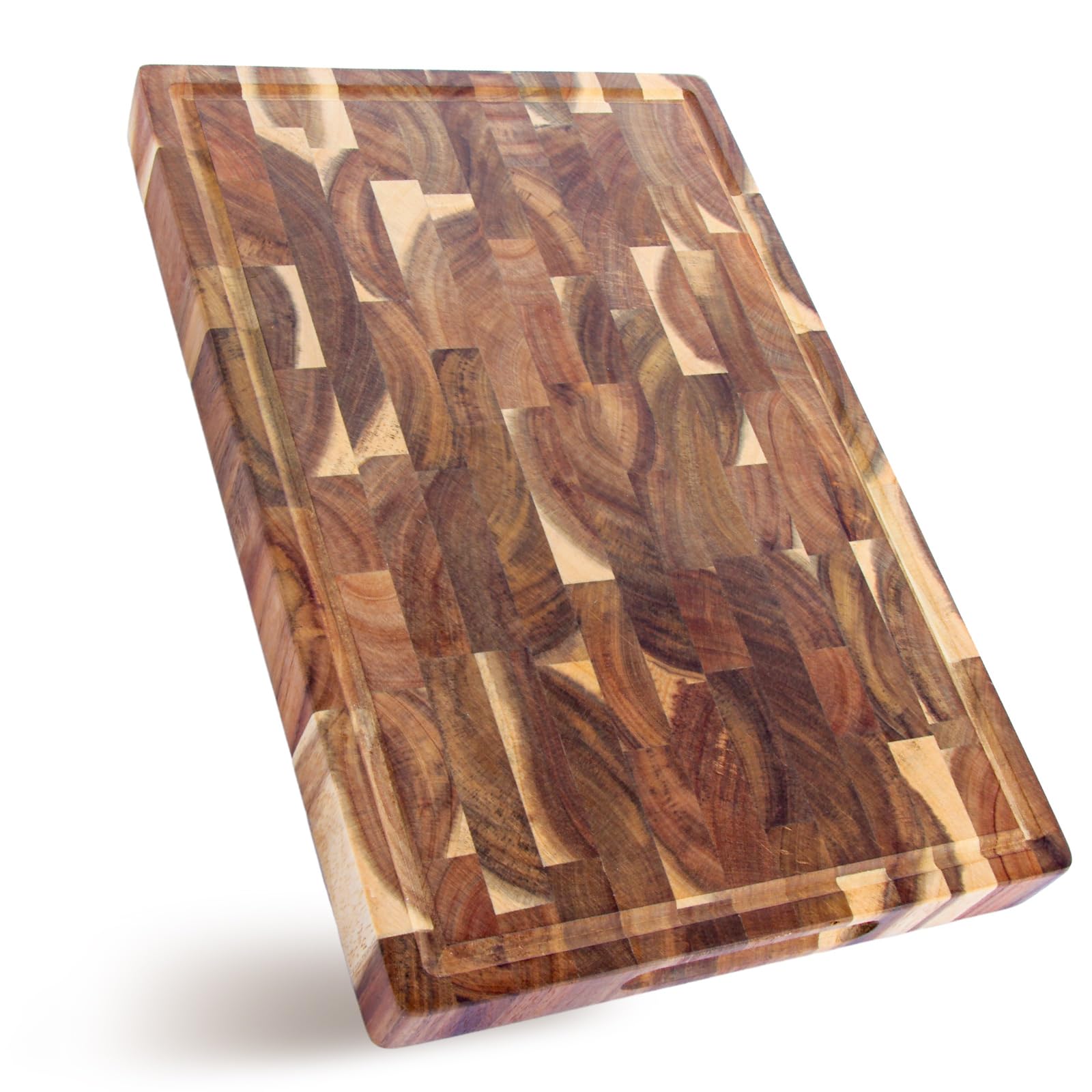 YOUNTHYE Wooden Chopping Boards, 39x26x3.5cm Large End Grain Chopping Board Acacia Wooden Cutting Board, Heavy Duty Butcher Block with Juice Groove, for Kitchen
