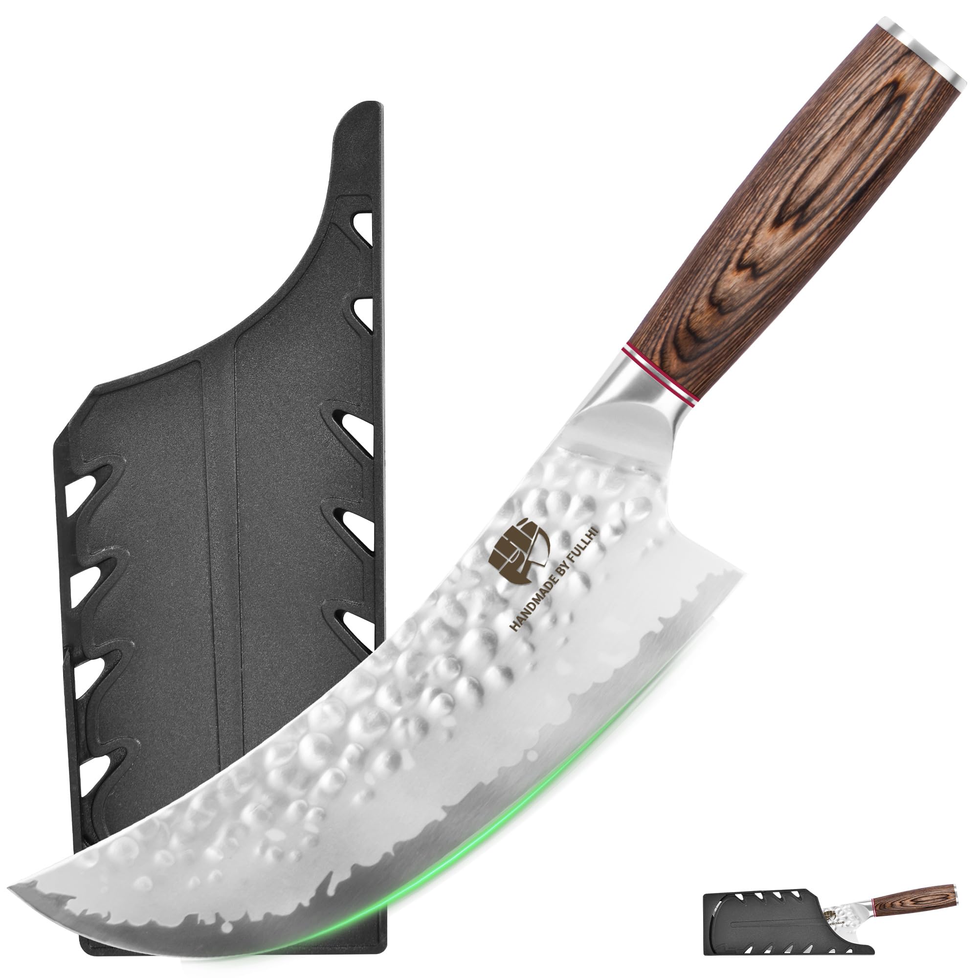 FULLHI Coltello da cucina a lama martellata con protezione, coltelli da chef antiaderenti, coltello giapponese con manico in legno Pakka, coltelli da cucina in acciaio inox con fodero (205mm)