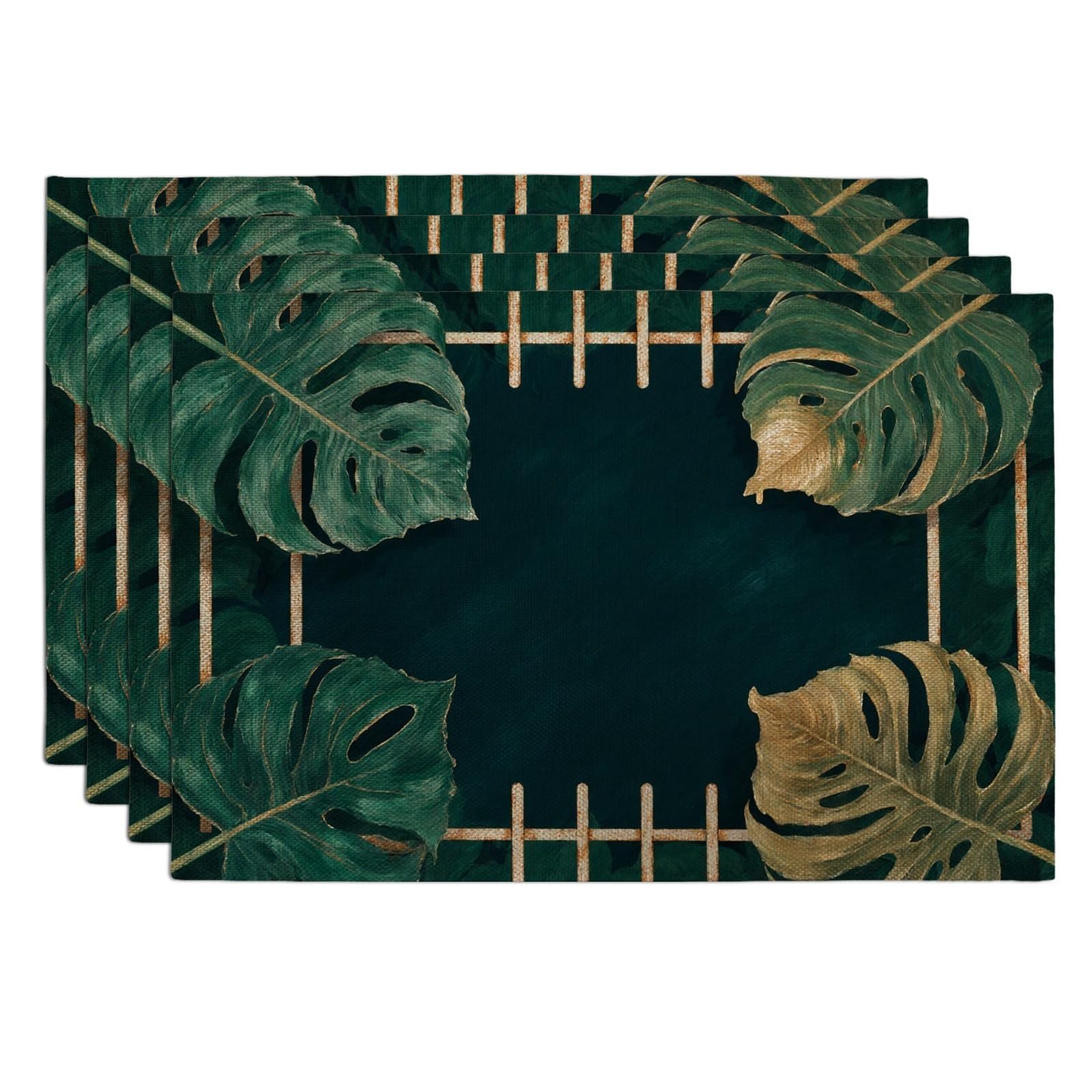 Tropical Monstera Leaves Placemats, Green Jungle Botanical Place Mats for Dining Table, Summer Indoor Outdoor Kitchen Party Decorative Placemat Set of 4