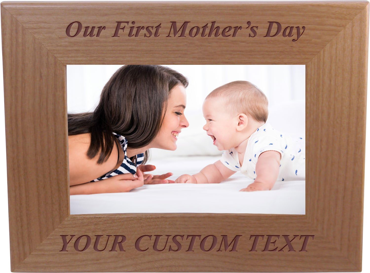 CustomGiftsNow Our First Mother's Day - Add Your Custom Text - Engraved Natural Alder Wood Hanging/Tabletop Picture Memory Family Photo Frame (5x7-inch Horizontal)