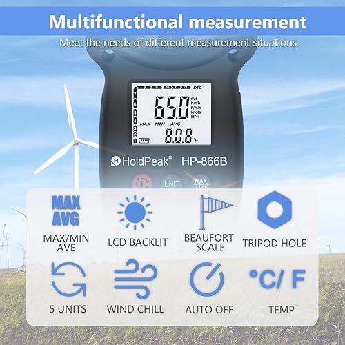Miniatura 4 de HOLDPEAK 866B Anemómetro digital medidor de velocidad del viento Portátil Mide la velocidad del viento la temperatura y la humedad con luz de fondo