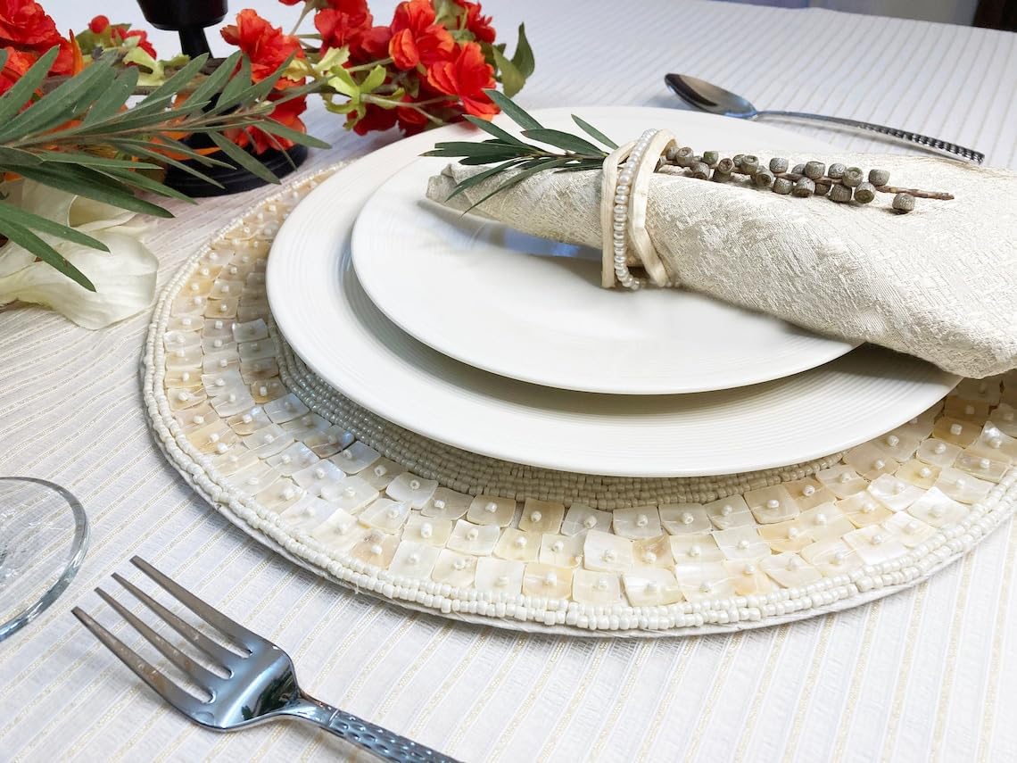 Enliven Manteles individuales hechos a mano con cuentas, decoración de mesa de sala de estar, mantel de mesa, perla blanca | Juego de 2