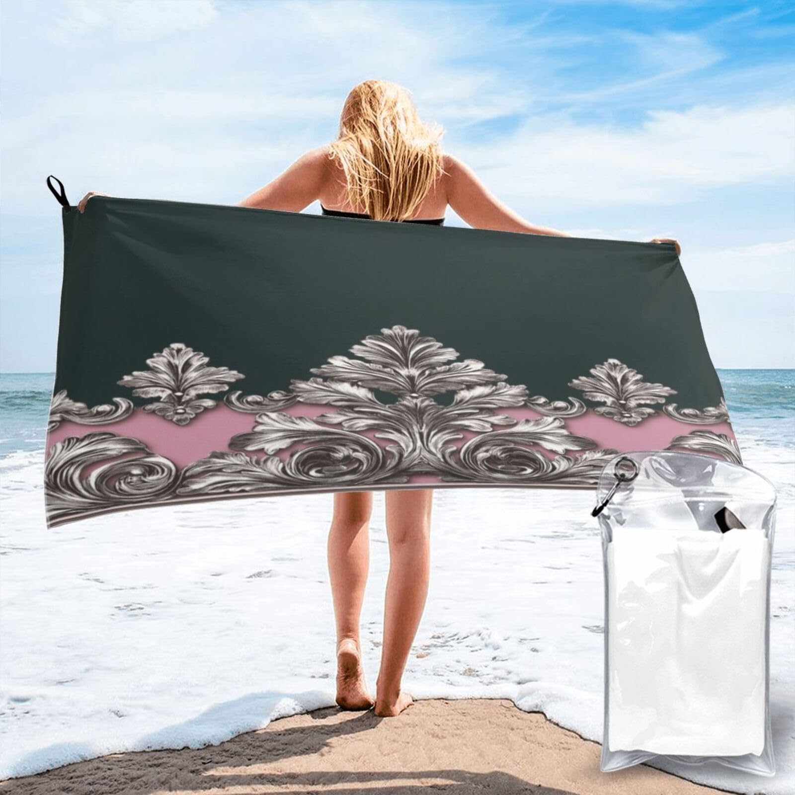 Anceky Ornate Silver Baroque Floral Border Quick Dry Microfiber Travel Towel with Carry Case and Carabiner 27.5"X55"
