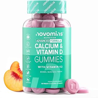 Calcio con Vitamina D3 y K2 | 60 Gominolas | 60 Gominolas | Novomins | Sin Gluten | 400 mg de Calcio, 600 UI de Vitamina D y 200 µg de Vitamina K2 por